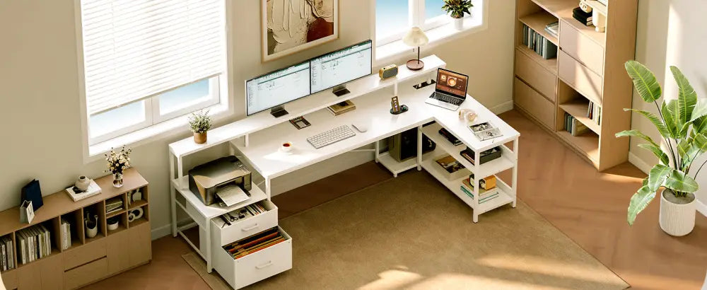 Bureau d’angle réversible avec tiroirs et prises USB – 168 ou 191 cm