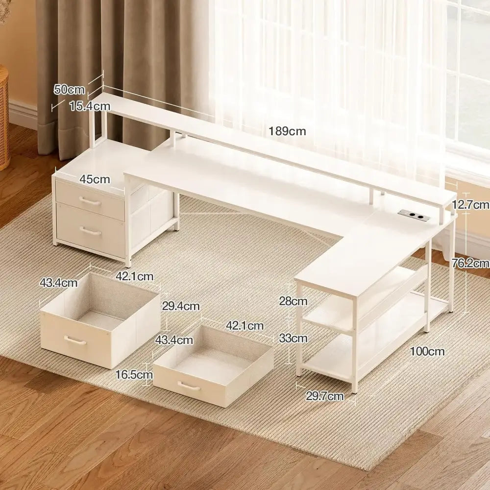 Bureau d’angle réversible avec tiroirs et prises USB – 168 ou 191 cm