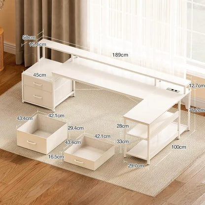 Bureau d’angle réversible avec tiroirs et prises USB – 168 ou 191 cm
