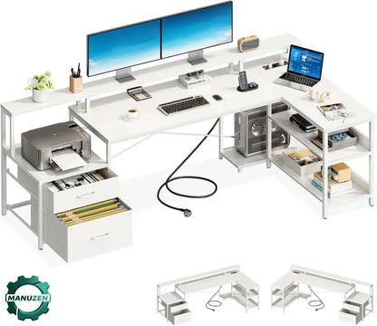 Bureau d’angle réversible avec tiroirs et prises USB – 168 ou 191 cm