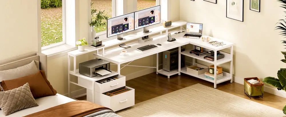 Bureau d’angle réversible avec tiroirs et prises USB – 168 ou 191 cm