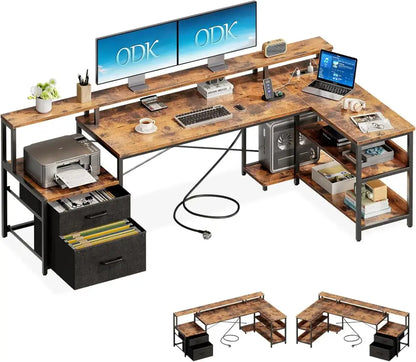 Bureau d’angle réversible avec tiroirs et prises USB – 168 ou 191 cm 191 cm – Marron vintage Allemagne