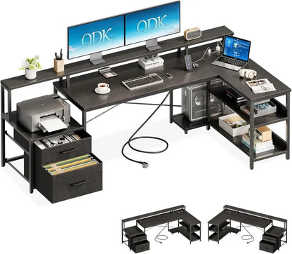 Bureau d’angle réversible avec tiroirs et prises USB – 168 ou 191 cm 191 cm – Noir Allemagne