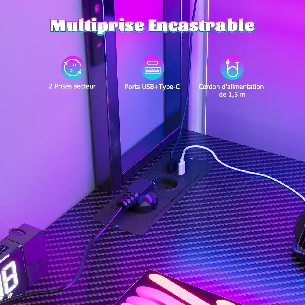 Bureau gaming d’angle en L avec LED, prises USB et rangements