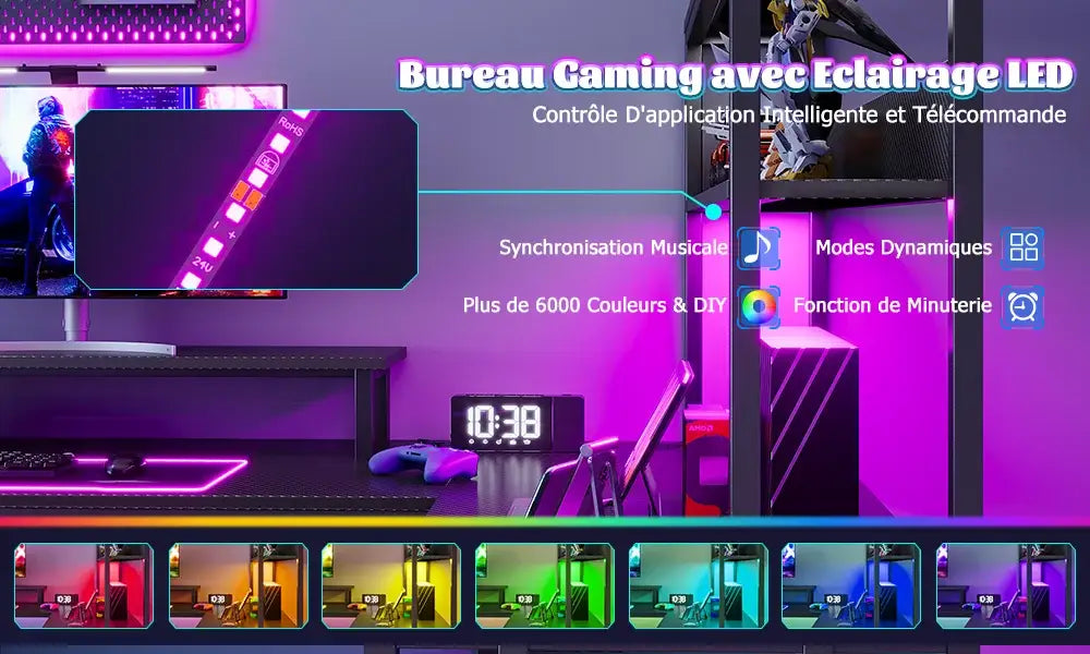 Bureau gaming d’angle en L avec LED, prises USB et rangements