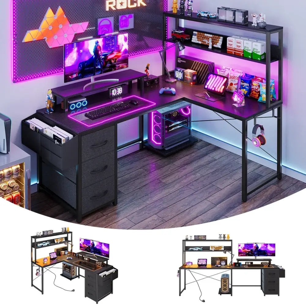 Bureau gaming d’angle en L avec LED, prises USB et rangements