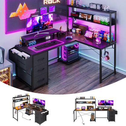 Bureau gaming d’angle en L avec LED, prises USB et rangements
