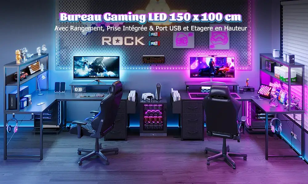 Bureau gaming d’angle en L avec LED, prises USB et rangements