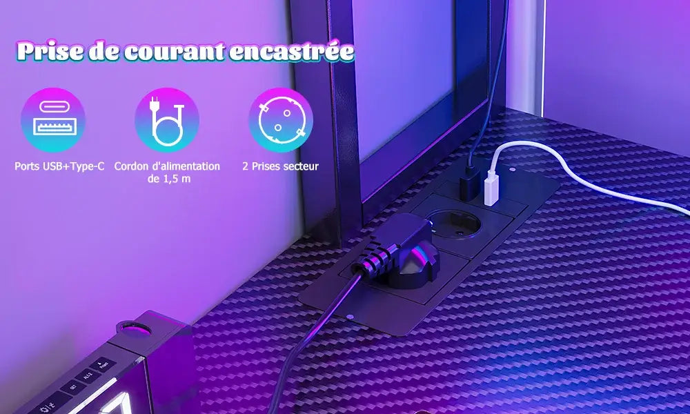 Bureau gaming d’angle en L avec LED, prises USB et rangements