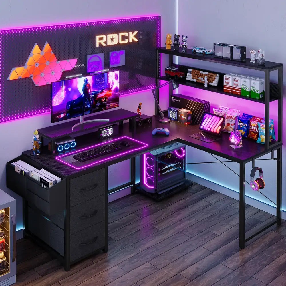 Bureau gaming d’angle en L avec LED, prises USB et rangements