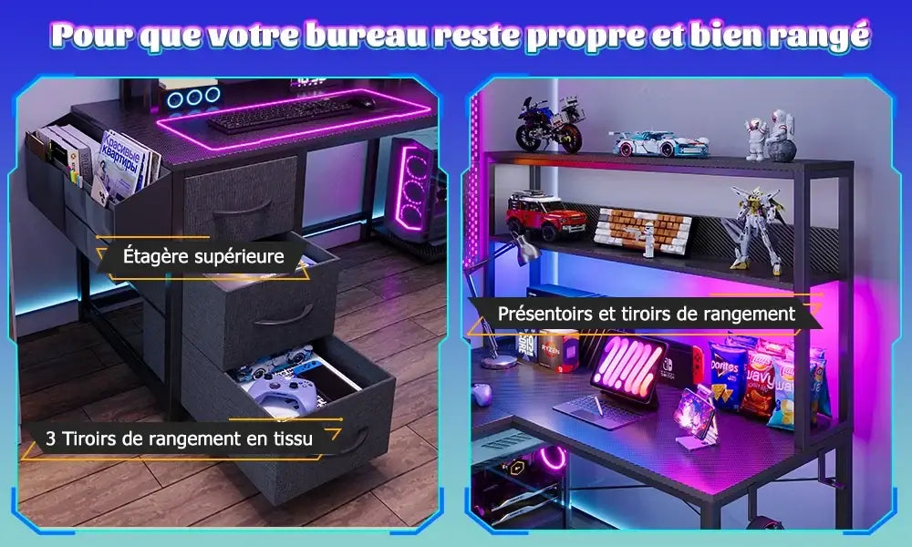 Bureau gaming d’angle en L avec LED, prises USB et rangements