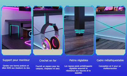 Bureau gaming d’angle en L avec LED, prises USB et rangements