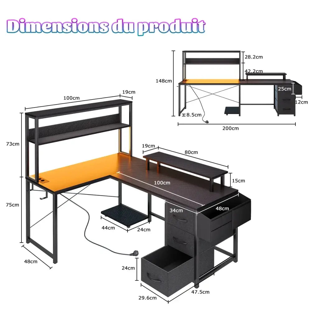 Bureau gaming d’angle en L avec LED, prises USB et rangements