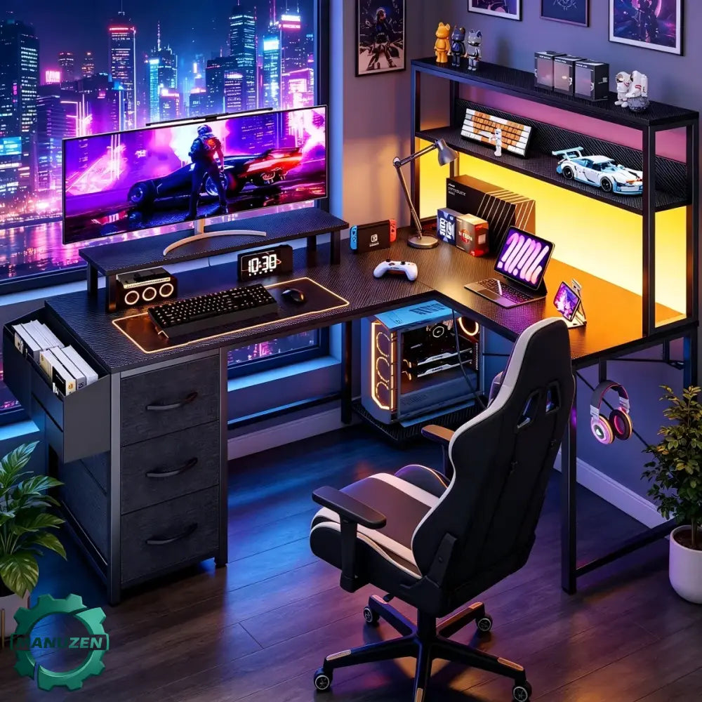 Bureau gaming d’angle en L avec LED, prises USB et rangements Noir France