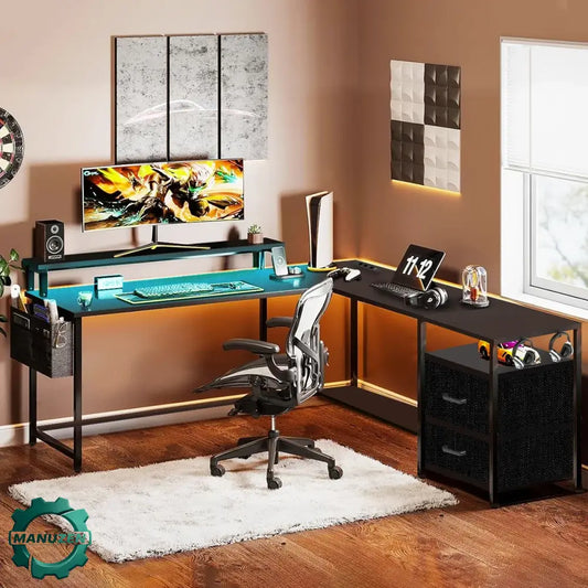 Bureau gaming d’angle en L – LED prises et 2 tiroirs - Noir / France - Bureau gaming angle LED prises