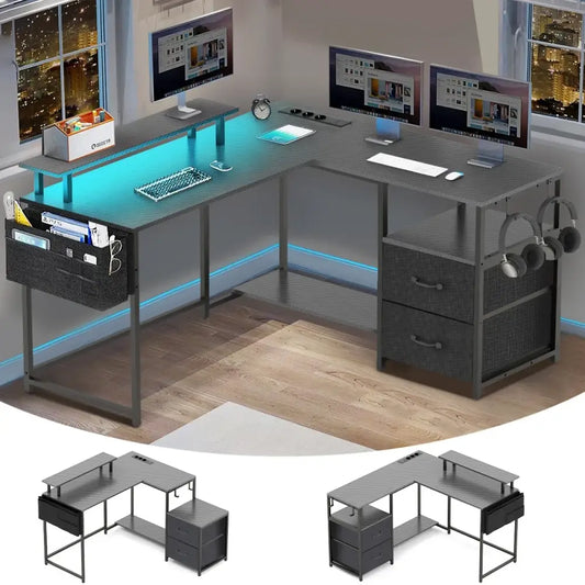 Bureau gaming d’angle en L – LED prises et 2 tiroirs - Noir / France - Bureau gaming angle LED prises