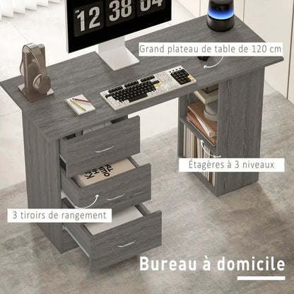 Bureau informatique réversible 120 cm – 3 tiroirs et 3 étagères - Gris / France - Bureau informatique