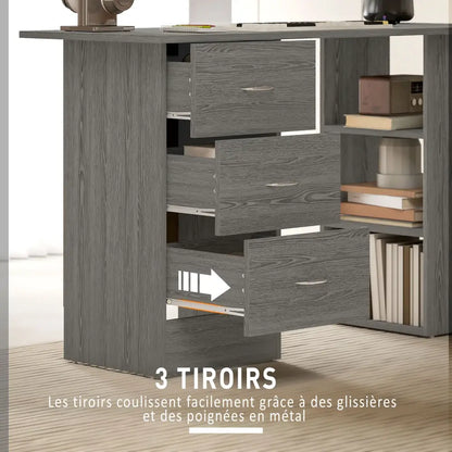Bureau informatique réversible 120 cm – 3 tiroirs et 3 étagères - Gris / France - Bureau informatique