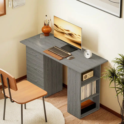 Bureau informatique réversible 120 cm – 3 tiroirs et 3 étagères - Gris / France - Bureau informatique