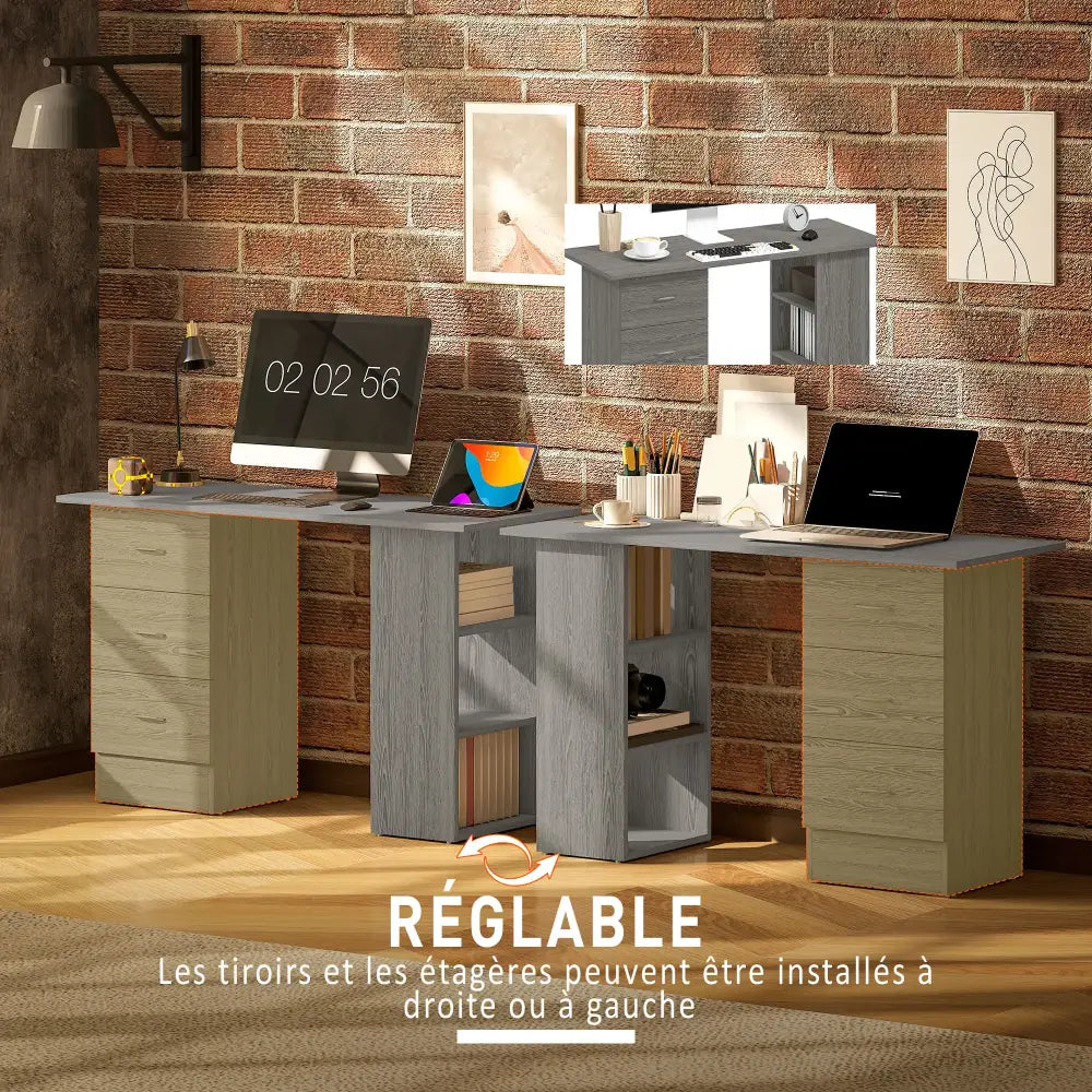 Bureau informatique réversible 120 cm – 3 tiroirs et 3 étagères - Gris / France - Bureau informatique