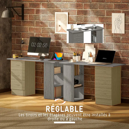 Bureau informatique réversible 120 cm – 3 tiroirs et 3 étagères - Gris / France - Bureau informatique