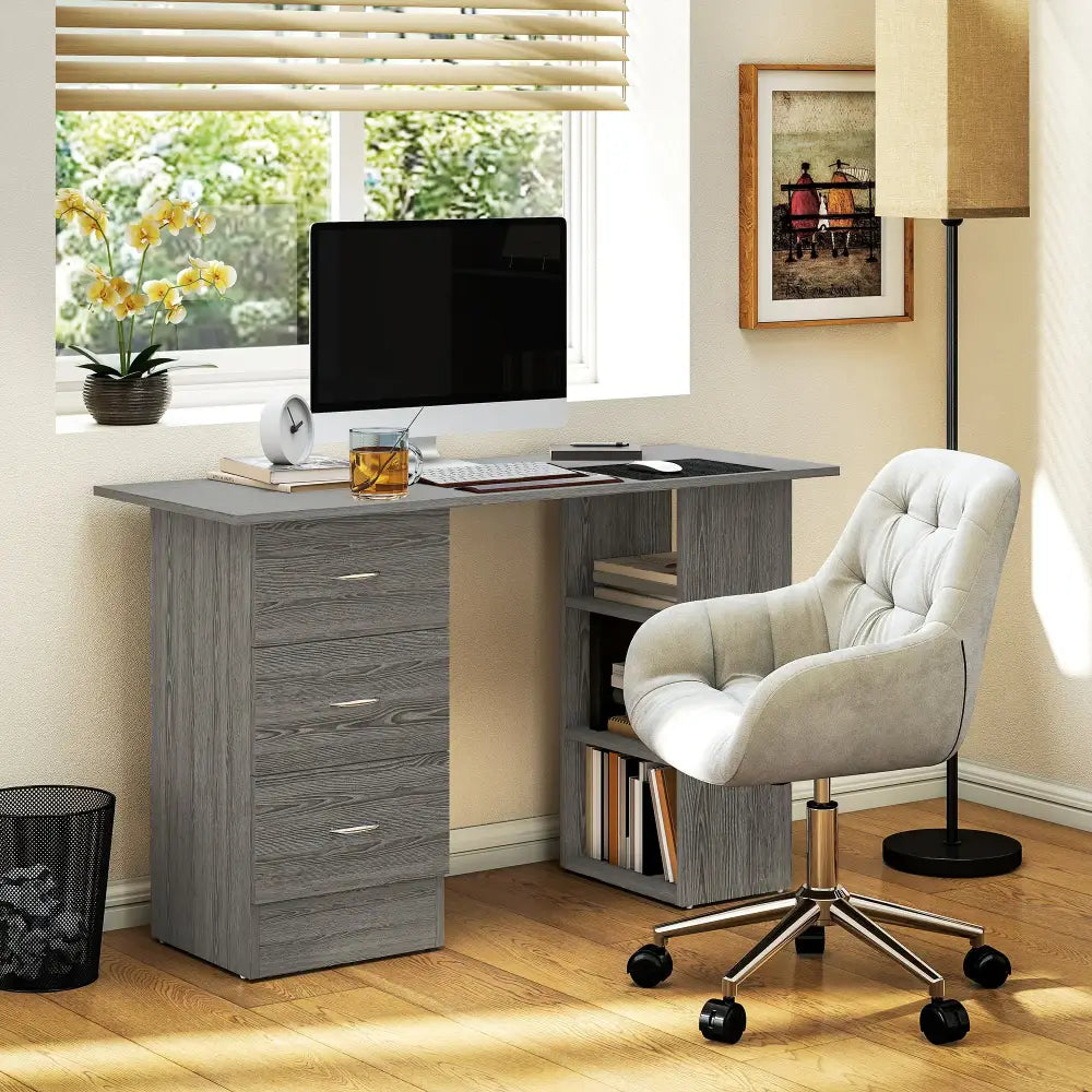 Bureau informatique réversible 120 cm – 3 tiroirs et 3 étagères - Gris / France - Bureau informatique