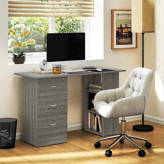 Bureau informatique réversible 120 cm – 3 tiroirs et 3 étagères - Gris / France - Bureau informatique