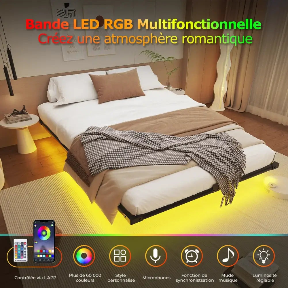 Cadre de lit flottant métal 140 × 190 cm avec LED - 140 × 190 cm / France - lit flottant métal 140x190 LED
