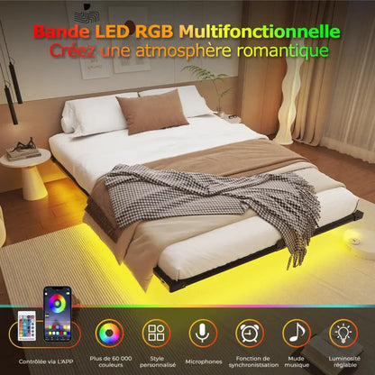 Cadre de lit flottant métal 140 × 190 cm avec LED - 140 × 190 cm / France - lit flottant métal 140x190 LED