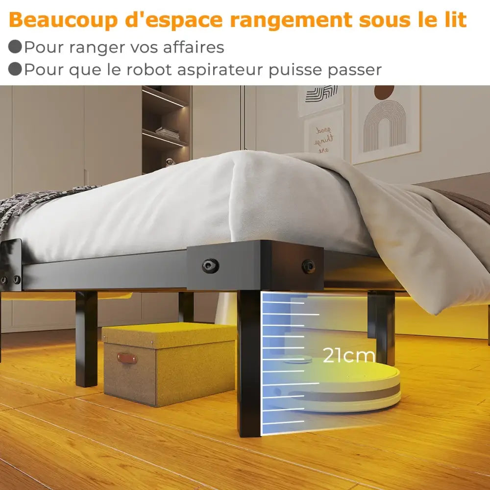 Cadre de lit flottant métal 140 × 190 cm avec LED - 140 × 190 cm / France - lit flottant métal 140x190 LED