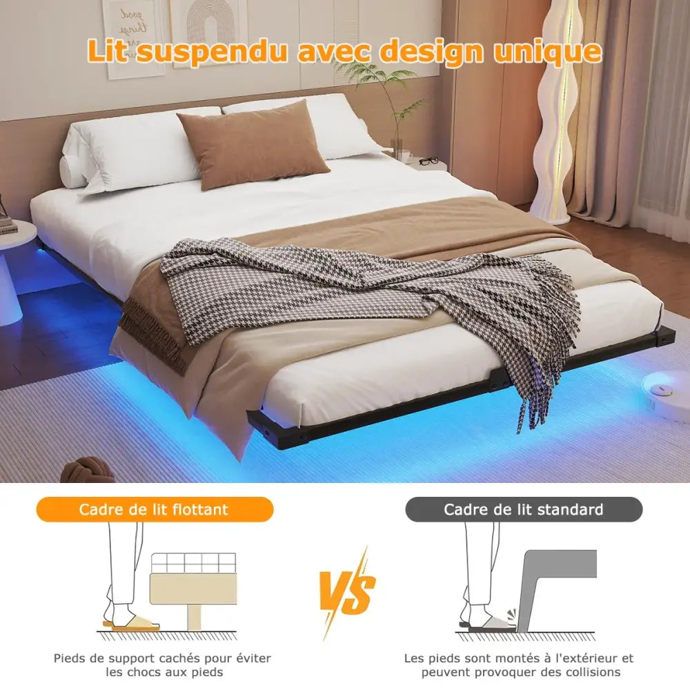 Cadre de lit flottant métal 140 × 190 cm avec LED - 140 × 190 cm / France - lit flottant métal 140x190 LED