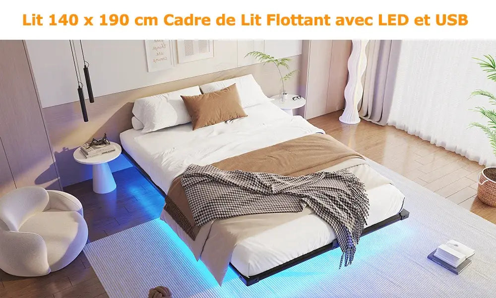 Cadre de lit flottant métal 140 × 190 cm avec LED - 140 × 190 cm / France - lit flottant métal 140x190 LED