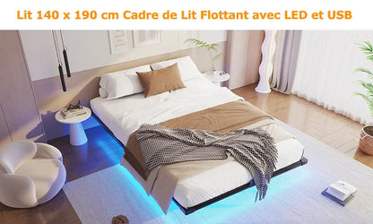 Cadre de lit flottant métal 140 × 190 cm avec LED - 140 × 190 cm / France - lit flottant métal 140x190 LED