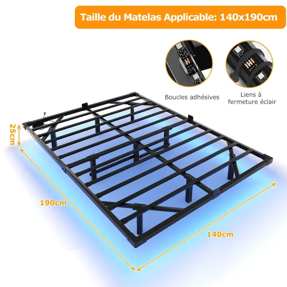 Cadre de lit flottant métal 140 × 190 cm avec LED - 140 × 190 cm / France - lit flottant métal 140x190 LED