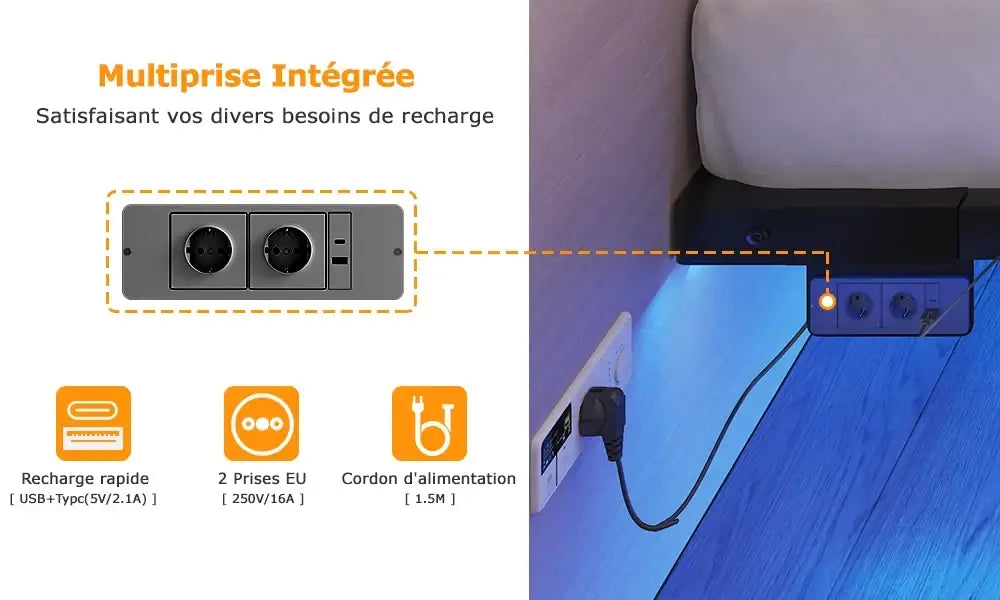 Cadre de lit flottant métal 140 × 190 cm avec LED - 140 × 190 cm / France - lit flottant métal 140x190 LED