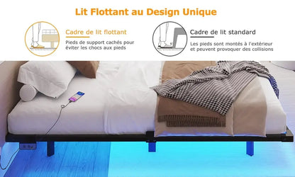 Cadre de lit flottant métal 140 × 190 cm avec LED - 140 × 190 cm / France - lit flottant métal 140x190 LED