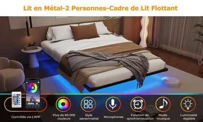Cadre de lit flottant métal 140 × 190 cm avec LED - 140 × 190 cm / France - lit flottant métal 140x190 LED