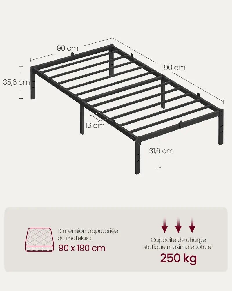 Cadre de lit métal 90 × 190 cm avec rangement – noir mat - Noir mat / 90 × 190 cm / Allemagne - Cadre de lit simple