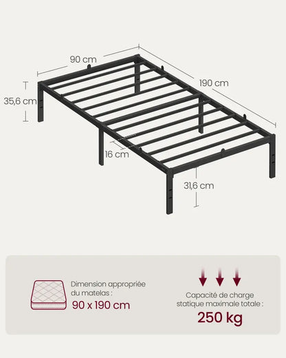 Cadre de lit métal 90 × 190 cm avec rangement – noir mat - Noir mat / 90 × 190 cm / Allemagne - Cadre de lit simple