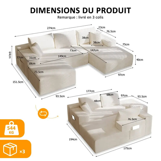 Canapé d’angle modulable en U 274 cm avec rangement