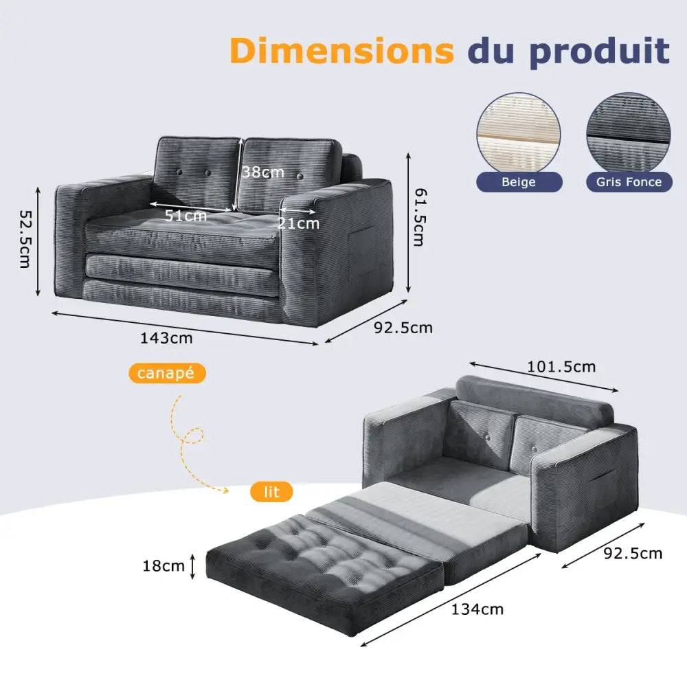 Canapé lit convertible avec oreillers et matelas pour salon Gris foncé France