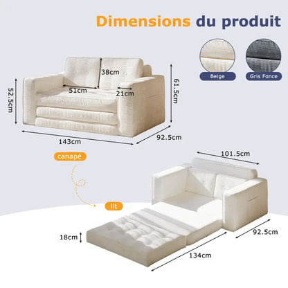 Canapé lit convertible avec oreillers et matelas pour salon Ivoire France