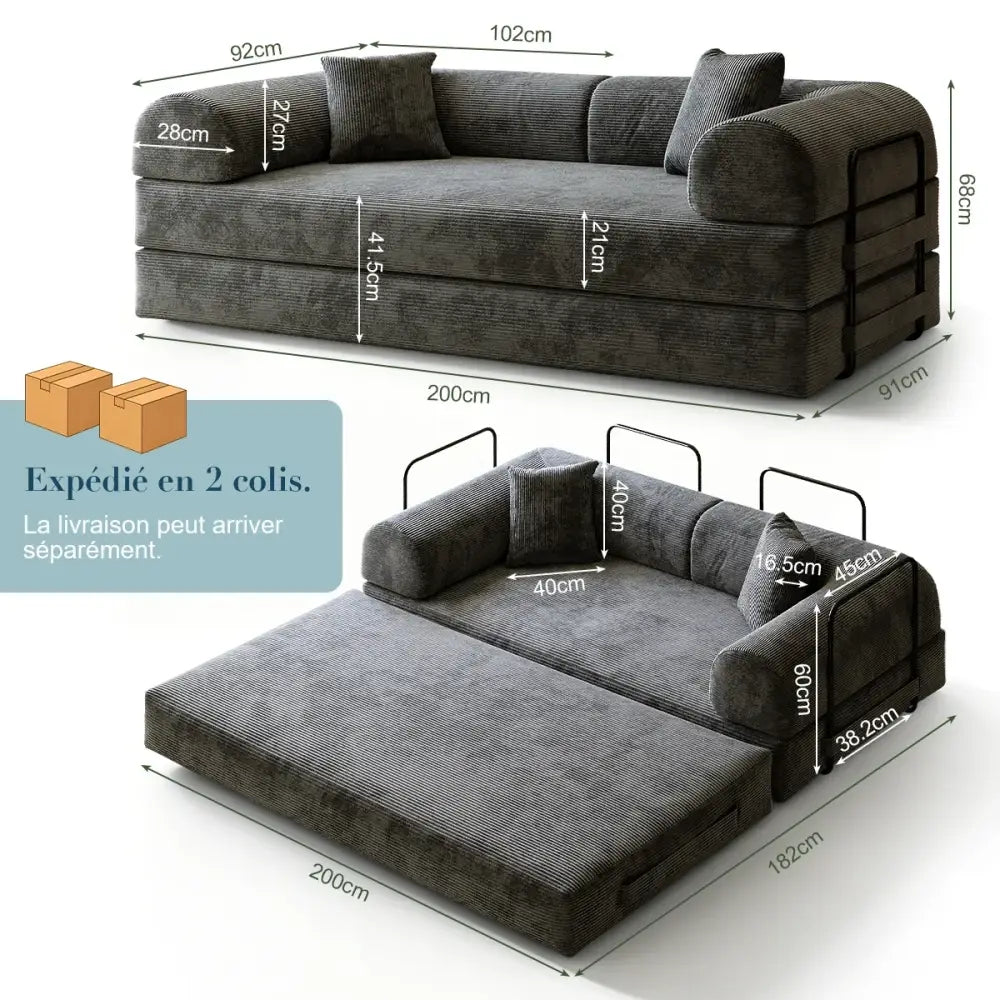 Canapé-lit pliable en mousse – revêtement velours gris - Velours gris / Depuis la France - canapé lit pliable mousse