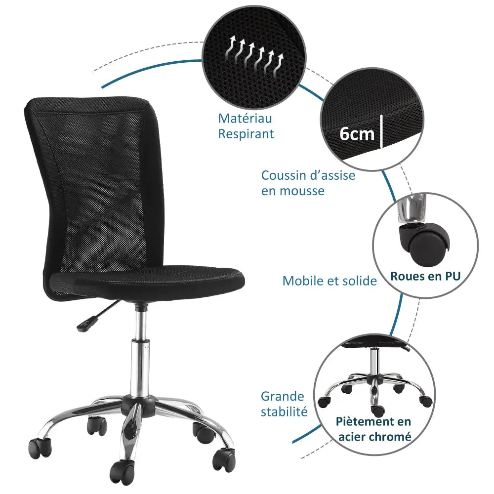 Chaise de bureau sans accoudoirs – hauteur réglable noire - Noir / France - Chaise de bureau sans accoudoirs