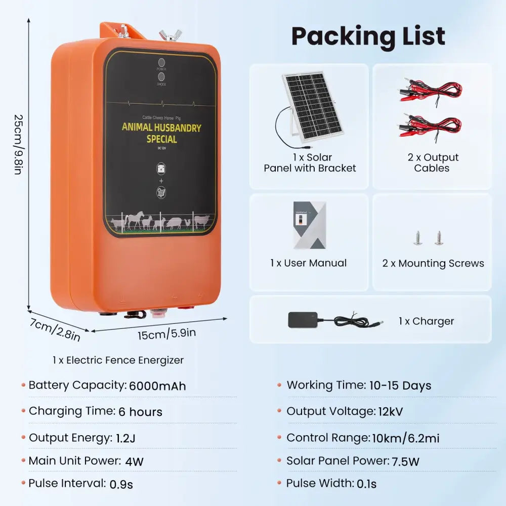 Chargeur De Clôture Électrique Solaire 10km Réglable 1.2J Ip65 Dc 12V Orange France