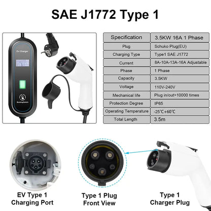 Chargeur EVSE portable 3,5 kW 16 A – Type 1 ou Type 2 IP65 - Chargeur voiture électrique portable