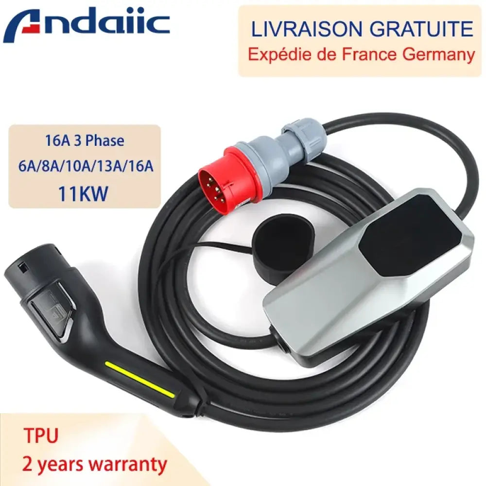Chargeur voiture électrique portable Type 1/2 – 3,5 à 22 kW câble 4 m - Type 2 – 11 kW / 16 A triphasé / Pologne