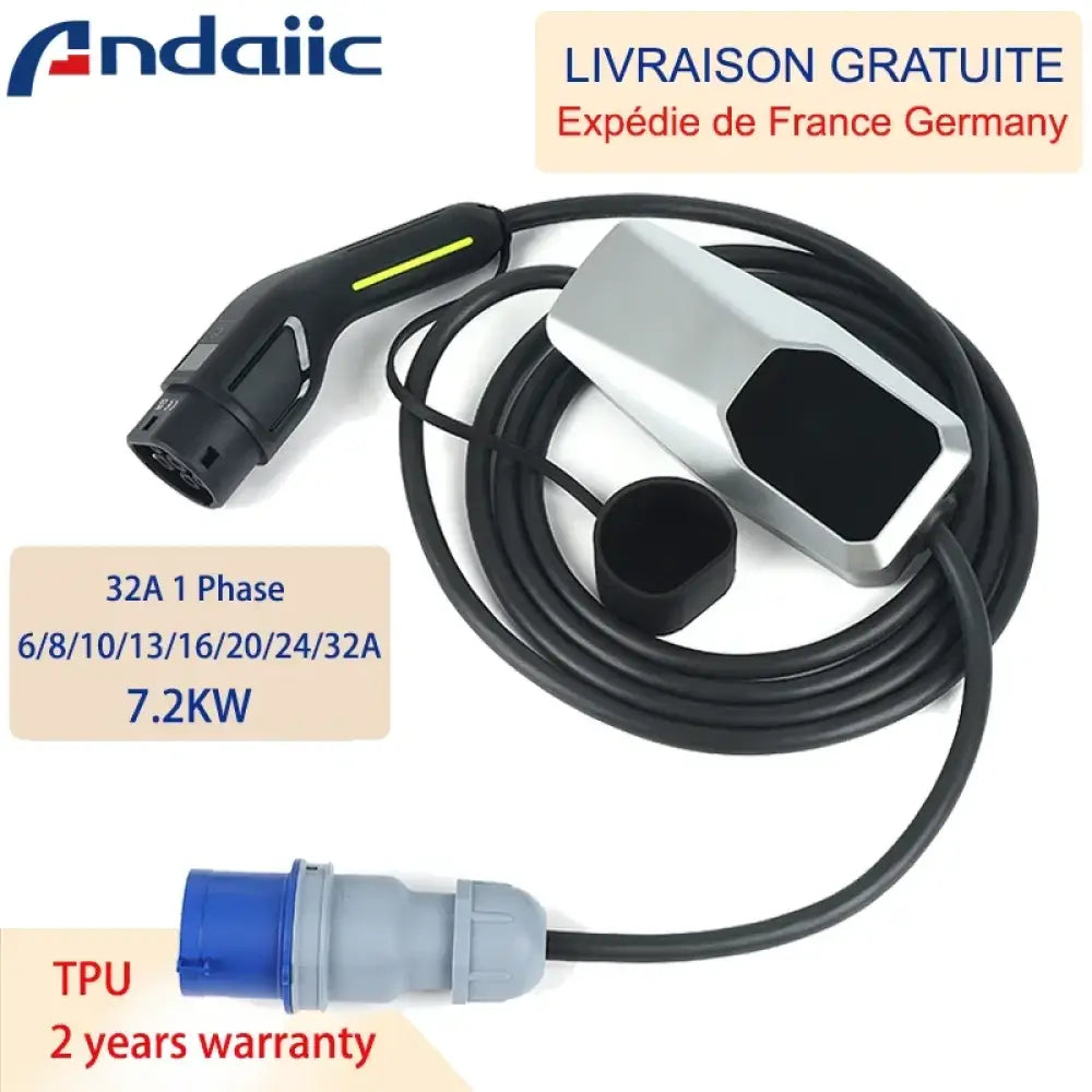 Chargeur voiture électrique portable Type 1/2 – 3,5 à 22 kW câble 4 m - Type 2 – 7 kW / 32 A monophasé / Pologne