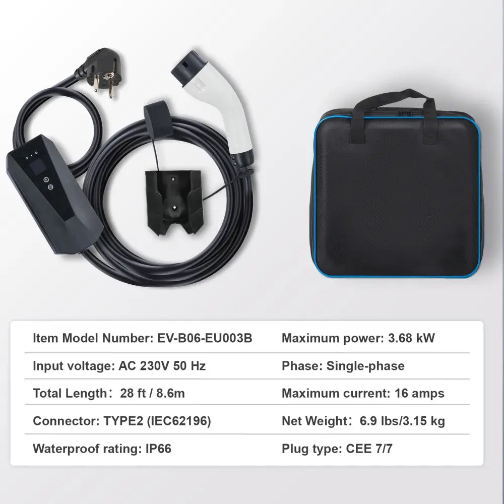Chargeur voiture électrique portable Type 2 16 A – 3,7 kW câble 8,6 m - Écran LCD – 3,68 kW / Pologne - Chargeur