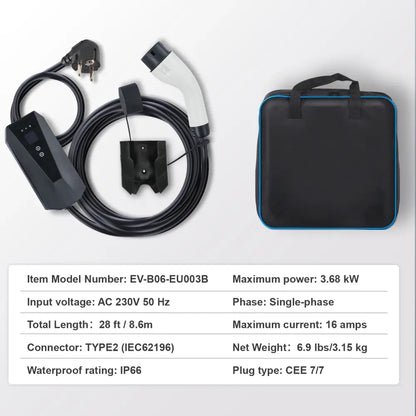 Chargeur voiture électrique portable Type 2 16 A – 3,7 kW câble 8,6 m - Écran LCD – 3,68 kW / Pologne - Chargeur